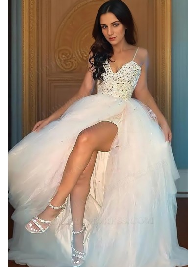 2025 A Line Ivory Sweetheart Beaded Tulle Side Slit Prom Dresses