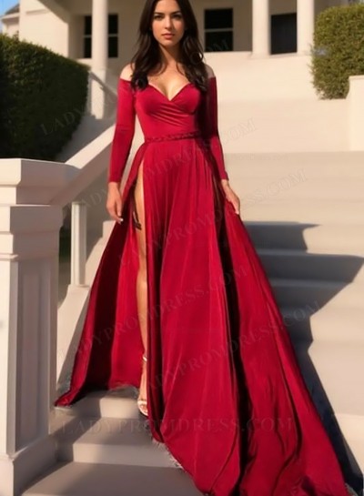 A Line Side Slit Sweetheart Long Sleeves Burgundy Prom Dresses 2025