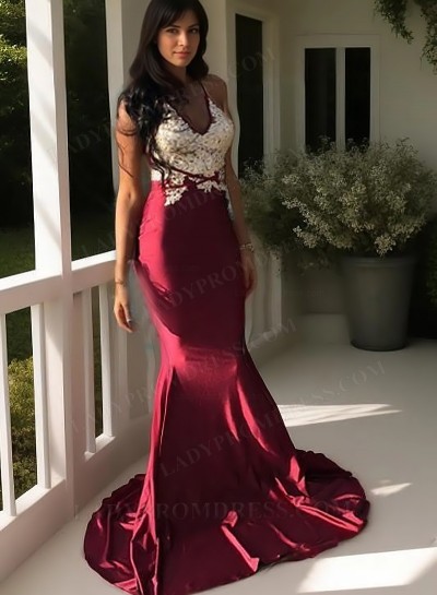 2025 Mermaid Burgundy With White Lace Halter Prom Dresses