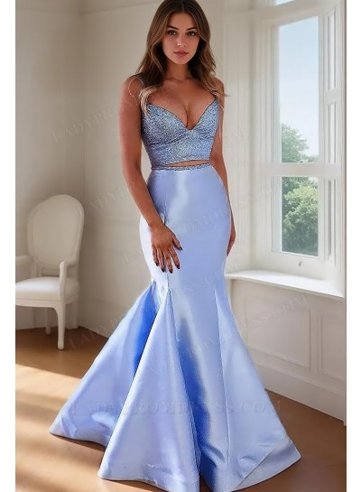 2025 Mermaid Satin Blue Sweetheart Two Pieces Prom Dresses