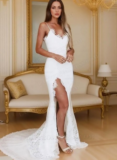 2025 White Sheath Sweetheart Side Slit Lace Long Prom Dresses