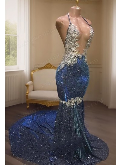 Sheath 2025 Blue Open Front Backless Long Halter Prom Dresses