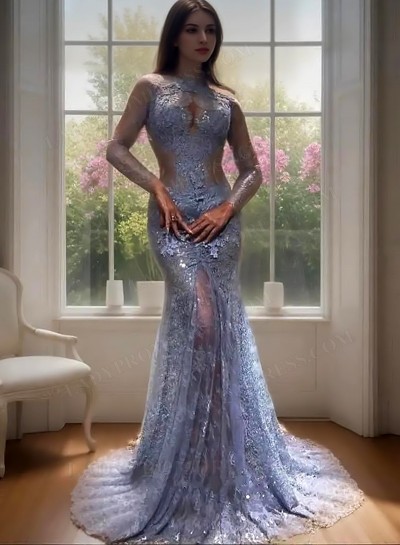 2025 Light Sky Blue Mermaid Long Sleeves High Neck Lace Long Prom Dresses