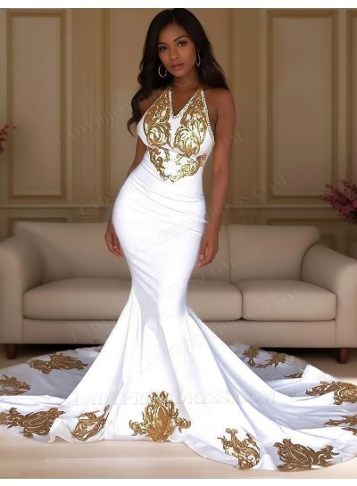2025 Mermaid White With Gold Appliques Halter Backless Long Prom Dresses