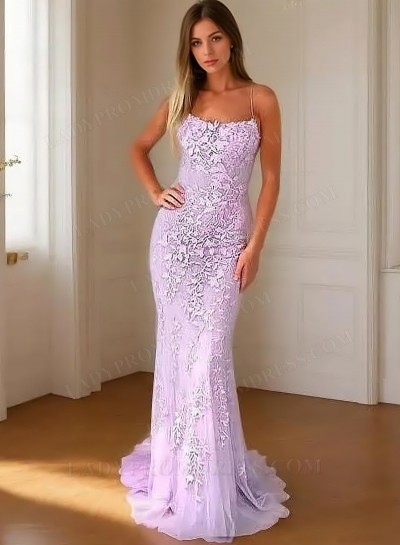2025 Lilac Sheath Lace Backless Appliques Long Prom Dresses