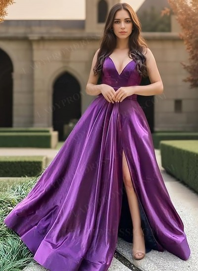 2025 A Line Sweetheart Purple Side Slit Satin Backless Long Prom Dresses