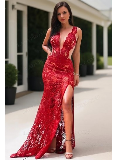 2025 Sheath Red Lace Side Slit Long Open Front Prom Dresses
