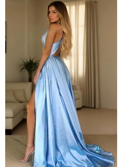 2025 A Line V Neck Side Slit Blue Backless Long Cross Back Long Prom Dresses