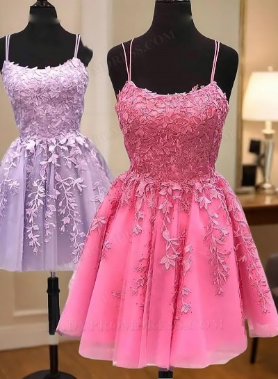 2025 A Line Tulle Appliques Knee Length Corset Back Fuchsia Short Homecoming Dresses