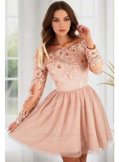 A Line Peach Long Sleeves Off Shoulder 2025 Short Homecoming Dresses 