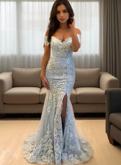 2025 Light Sky Blue Off Shoulder Sweetheart Lace Side Slit Long Prom Dresses