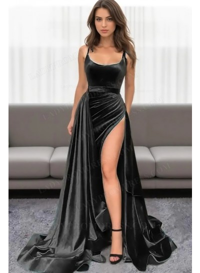 2025 Black Halter Velvet Side Slit Pleated Long Prom Dresses