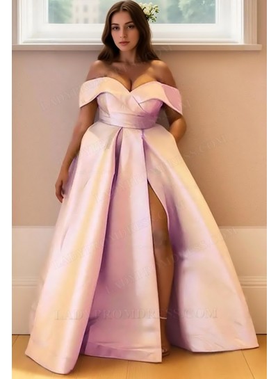 2025 A Line Satin Off Shoulder Side Slit Plus Size Pink Prom Dresses