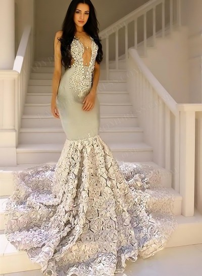 2025 Silver Like Satin Lace Long Prom Dresses