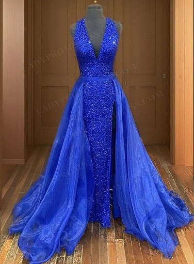 2025 Sheath Royal Blue Side Slit V Neck Detachable Train Sequence Prom Dresses
