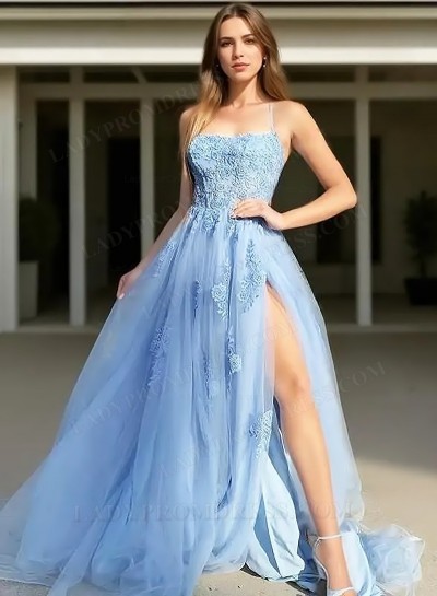 2025 A Line Tulle Light Sky Blue Halter Side Slit Long Prom Dresses With Appliques