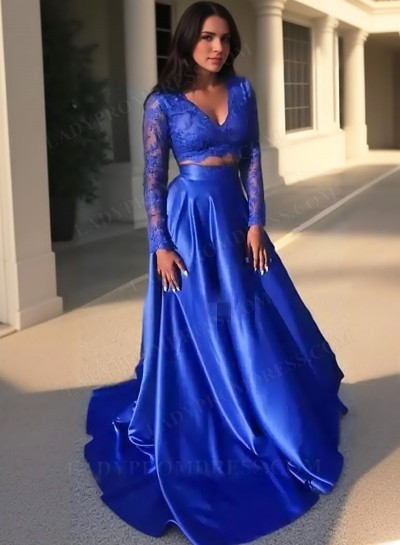 2025 Princess/A-Line Royal Blue Long Sleeves Two Pieces Prom Dresses
