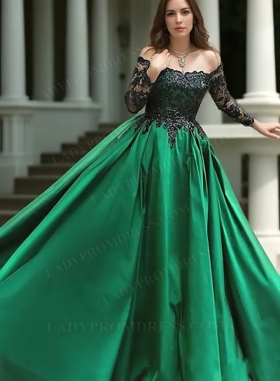 Off The Shoulder Satin Hunter Long Sleeves Prom Dresses
