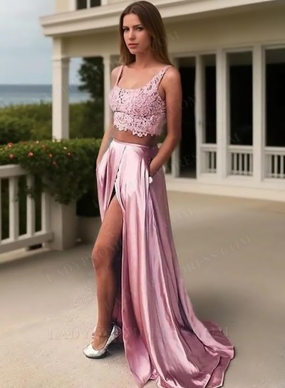 2025 Dusty Rose Two Piece Lace Satin A-line Prom Dresses