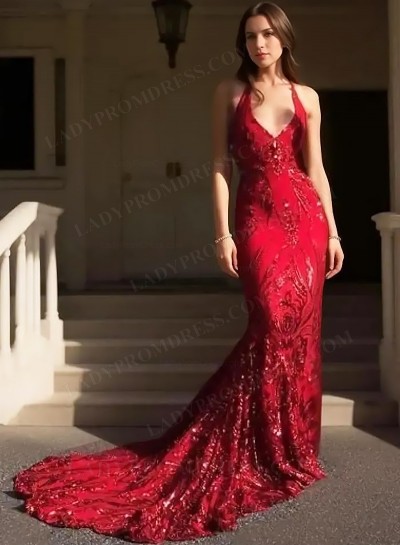 V-neck Sheath Red Lace Sequins Long Prom Dresses