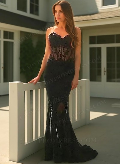 2025 Black Sweetheart Sweep Train Mermaid/Trumpet Tulle Prom Dresses
