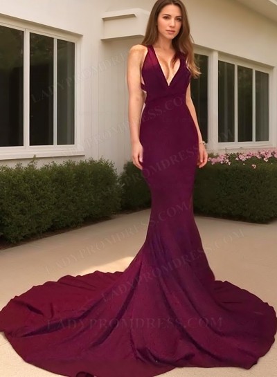 Burgundy Mermaid/Trumpet V Neck Backless Sweep Train Prom Dresses