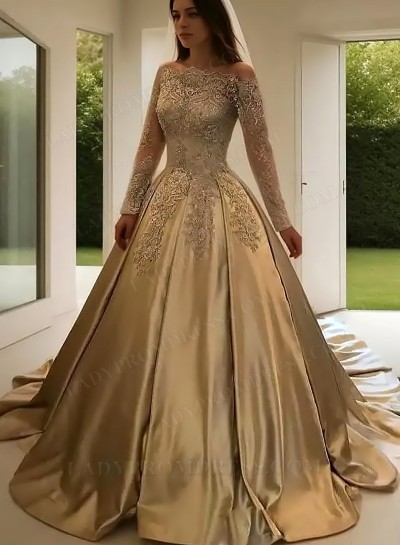 A-Line Champagne Long Sleeves Satin Prom Dresses