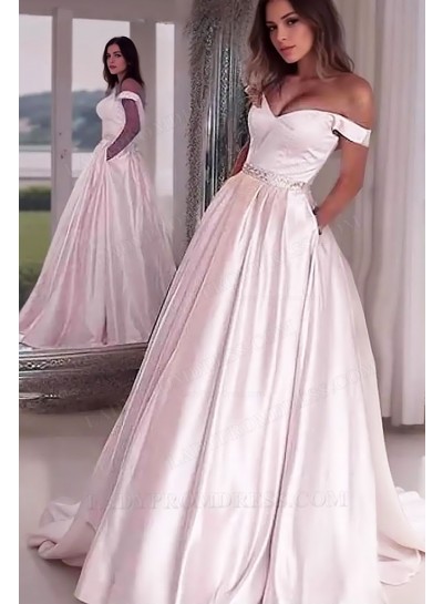 2025 Princess/A-Line Satin Off The Shoulder Blushing Pink Prom Dresses