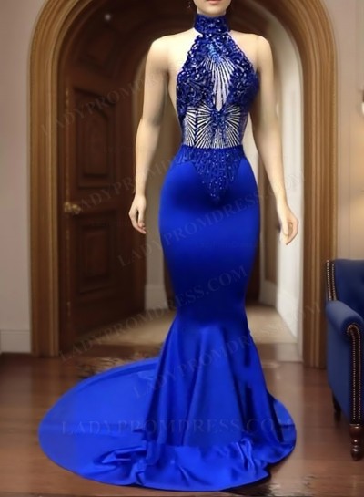 2025 High Neck Beaded Mermaid Royal Blue Prom Dresses