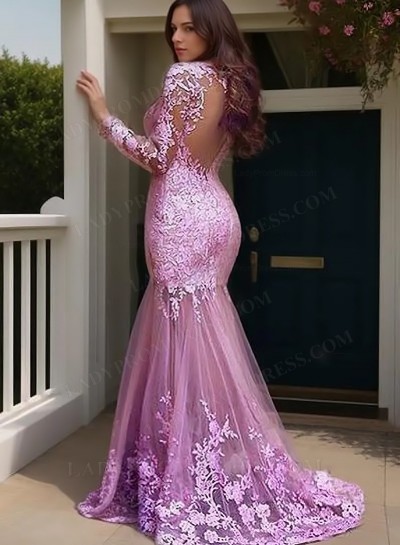 2025 Pink  Mermaid/Trumpet Tulle Appliques Prom Dresses