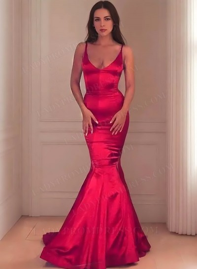 2025 Red Satin Mermaid Long Prom Dresses