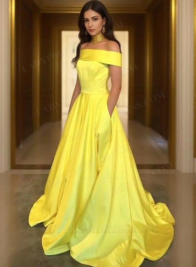 2025 A-Line/Princess Yellow Off The Shoulder Satin Prom Dresses