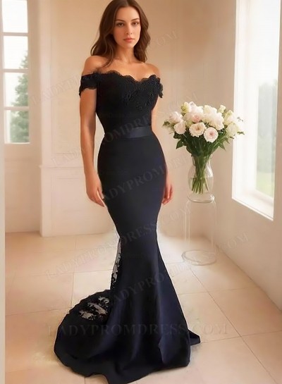 2025 Black Lace Off the Shoulder Mermaid/Trumpet Satin Prom Dresses