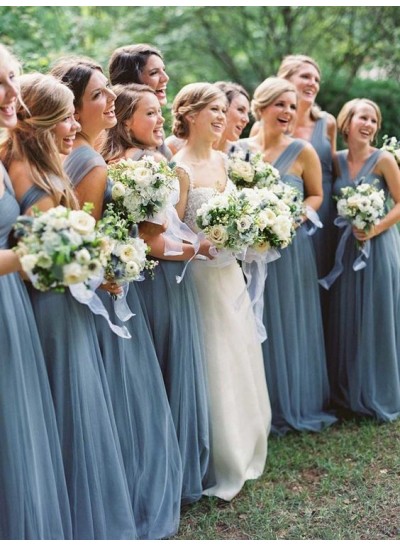 2024 A Line Tulle Halter Floor Length Bridesmaid Dresses / Gowns