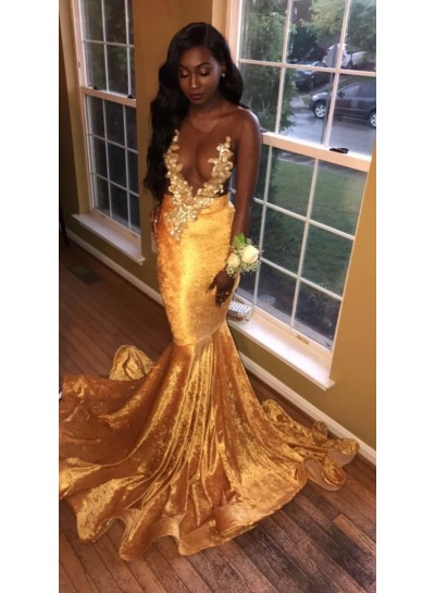 2024 Newly Gold Transparent Velvet Long Train Prom Dresses With Appliques