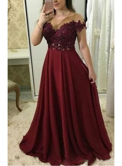 A Line Chiffon Burgundy Floor Length Plus Size Prom Dresses With Appliques