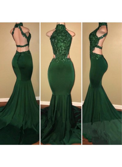 Sexy High Neck Dark Green Backless Mermaid Elastic Satin Appliques Long African Prom Dresses