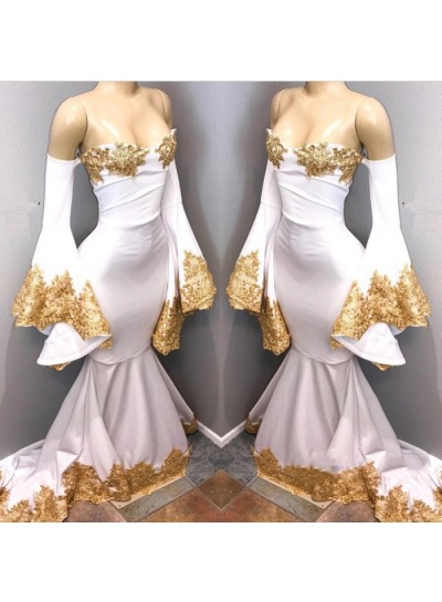 White Off Shoulder Mermaid Long Sleeves Prom Dresses With Gold Appliques African Prom Dresses