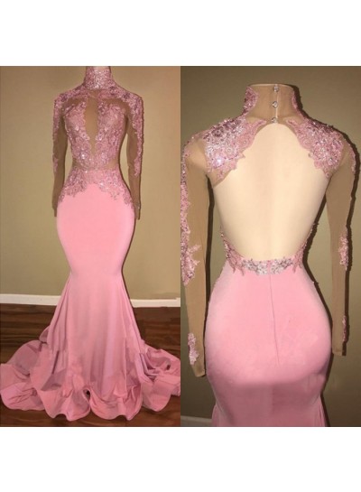 Alluring Pink Mermaid Long Sleeves Backless Elastic Satin Open Front High Neck Prom Dresses 2024 