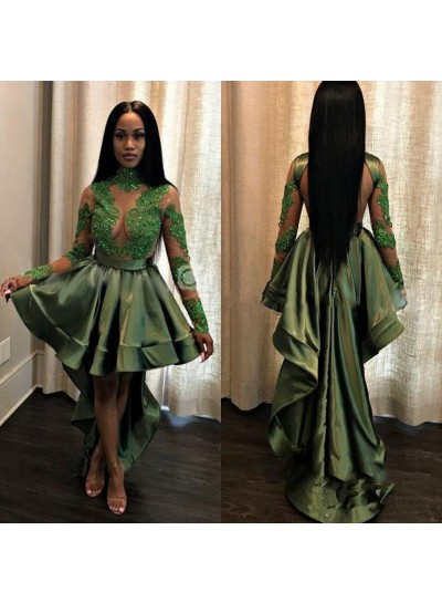 New Arrival A Line Green Backless Long Sleeves High Low Short See Through Prom Dress With Appliques 