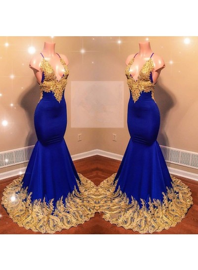 Amazing Royal Blue Mermaid With Gold Appliques Sweetheart Spaghetti Straps Backless Prom Dresses