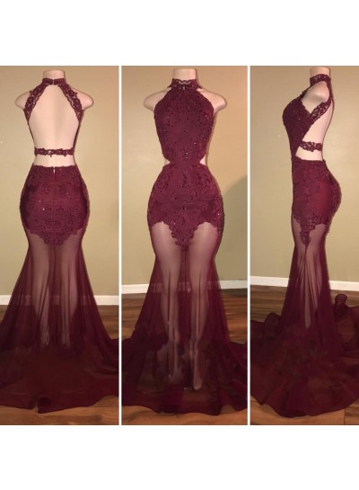 Burgundy Mermaid See Through Backless Tulle African Prom Dresses With Appliques