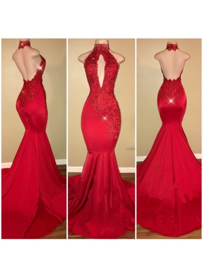 Sexy Mermaid Red High Neck Backless African Open Front Long Prom Dresses