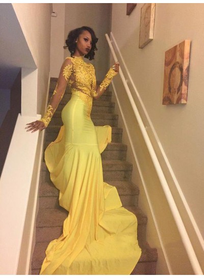 Amazing Yellow Long Sleeves Mermaid African High Neck Long Prom Dresses