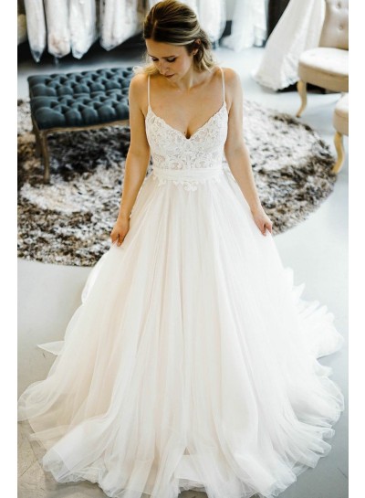 2024 Elegant A Line Sweetheart Spaghetti Straps Lace Tulle Ivory Wedding Dresses