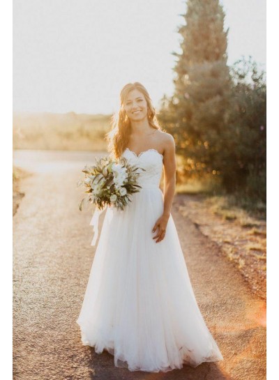 Elegant A Line Sweetheart Lace Tulle Floor Length Wedding Dresses 2024