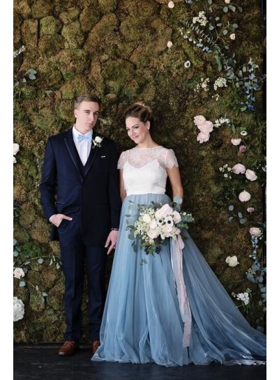 2024 New Arrival A Line Tulle White With Blue Capped Sleeves Lace Wedding Dresses