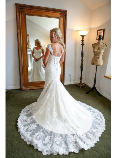 2024 Charming Ivory Sheath Lace Up Back Sweetheart With Capped Sleeves Lace Wedding Dresses
