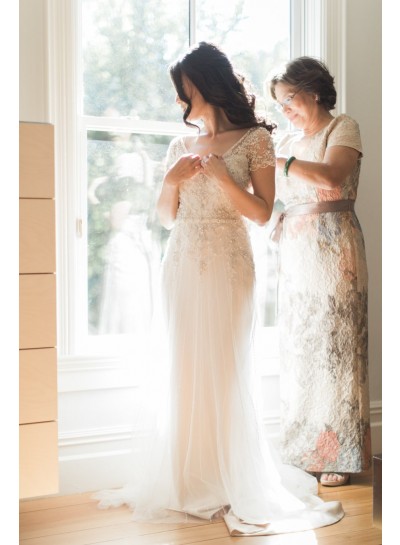 Charming V Neck Sheath Ivory Capped Sleeves Beaded Tulle Wedding Dresses 2024