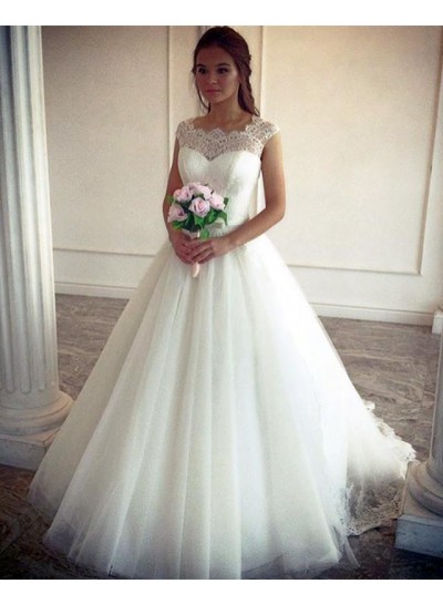 2024 Elegant A Line Tulle Ivory Sweetheart Lace Capped Sleeves Wedding Dresses